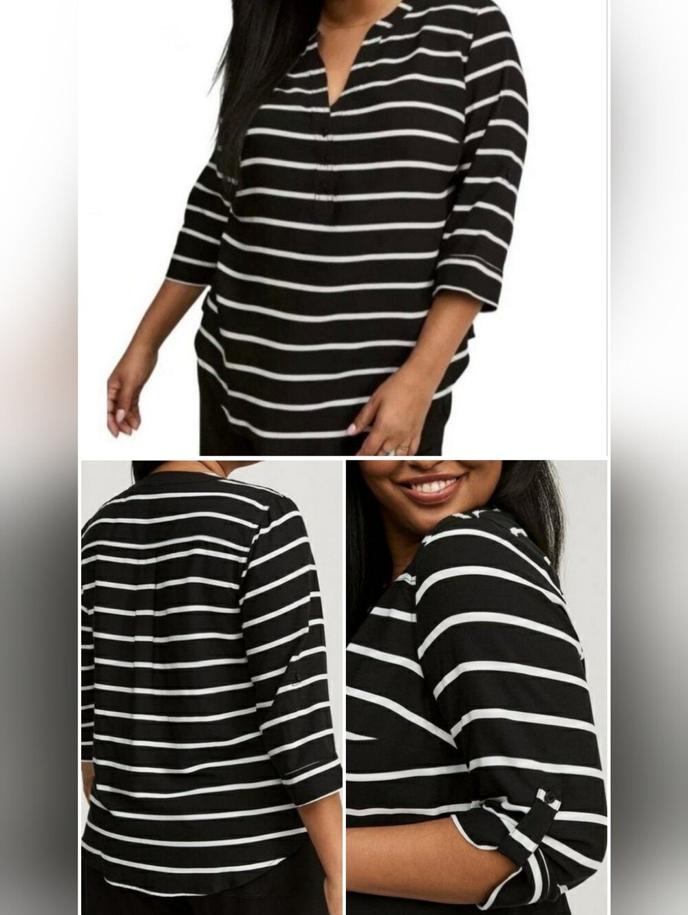 Torrid 4 Harper Blouse Black White Striped Roll-Tab 3/4 Sleeve 4X